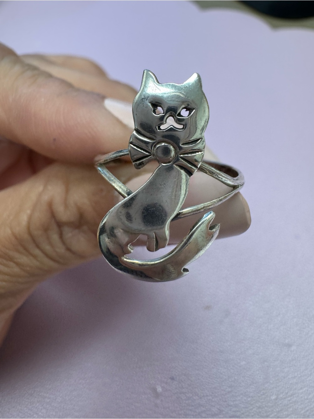 Source Unknown Silver Cat Ring with Bow Size 8